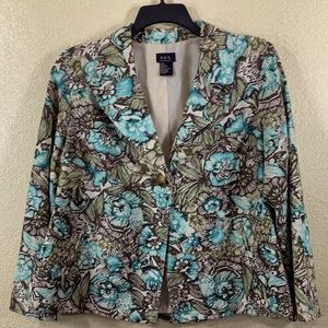 R.Q.T. Blazer Jacket Floral Blue Brown Cream Linen Rayon Blend 1X Long Sleeve